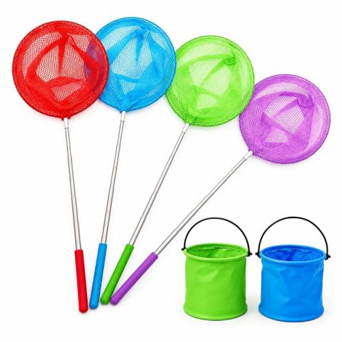 4 Pcs Telescoping Fishing Net Set, Comes With 2 Foldable Buckets, Extends From 38 Cm To 83.5 Cm, Colorful Insect And Fish Catcher With Fine Mesh, Suitable For The Beach, Ponds, And Outdoor Adventures