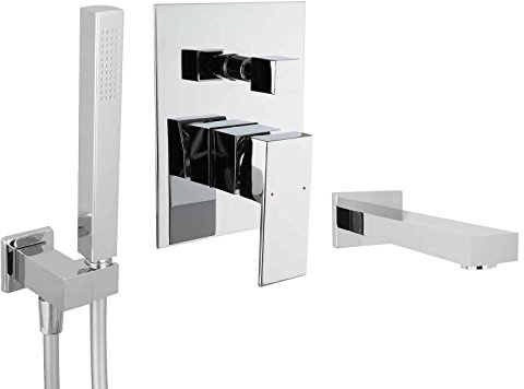 PaulGurkes Unterputz Wannenset Eckig aus Messing Einhebelmischer Kombihalter Design Badewanne Komplett Set Wanneneinlauf Wanneneinlass Einhand Mischbatterie UP Montage