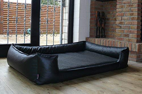 tierlando® Orthopädisches Hundebett Linus Ortho Plus, ergonomisches Design-Hundesofa mit Visco-Plus-Matratze, stilvoller Bezug aus Kunstleder und Handwebstoff, Größe: 160x110cm | Farbe: 03 Schwarz