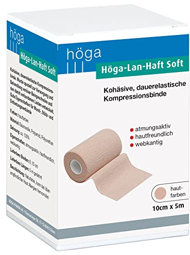 Höga Pharm Lan-Haft Soft kohäsive, hautfarben 10cm x 5m, dauerelastische Kompressionsbinde mit kurzen Zug, atmungsaktiv, hautfreundlich, webkantig, 1 Stück