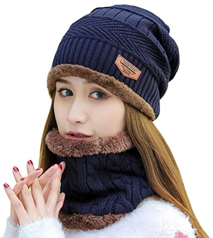 Kuyou Damen Beanie Mütze Schal Set Winter Schlauchschal Hüte Mützen (Navy)