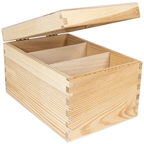 Creative Deco Aufbewahrungsbox aus Holz für CDs und DVDs | 16 x 24 x 14 cm | 3 Fächer | mit Deckel und ohne Griffe | nicht bemalt und nicht bemalt | Aufbewahrungsbox für Büro, Truhe Weihnachten