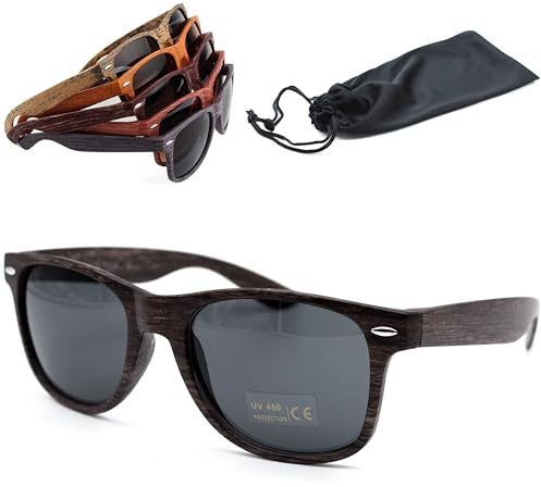 Netrox - Sonnenbrille für Herren & Damen in Holzoptik mit Brillenetui - Unisex Sonnen Brille eckig verspiegelt - Retro Holz Sonnebrillen mit CE UV400-Schutz - Für Freizeit & Outdoor