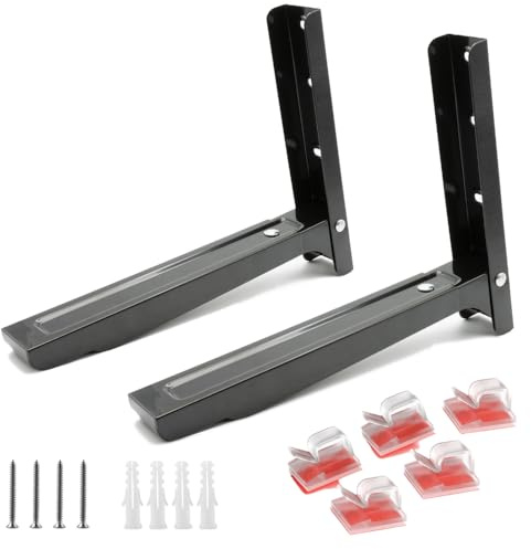 Universal Microwave Oven Wall Mount Shelf with Anti-Slide Rubber Pads & Cable Wall Clips - Adjustable Bracket Kit for Microwave Kitchen Oven - Black