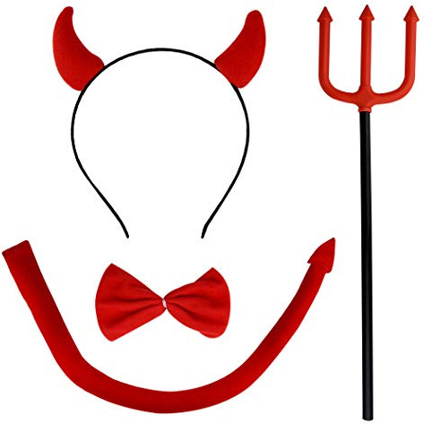 Jmkcoz Halloween Devil Costume Set Devil Horn Headband Red Devil Tail Bowtie Devil Red Pitchfork Demon Cosplay Hair Hoop Accessories for Carnival Themed Party Prop Costume Decoration