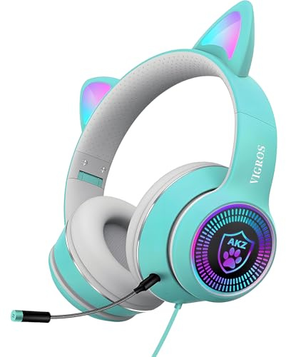 Cat Ear Gaming Headphones Wired AUX 3.5mm with LED Light, VIGROS Flashing Stereo Game Headphones Surround Sound Over-Ear Headsets with Microphone Fit Kids & Adult for PC, PS4, Switch, Mobile, Laptop