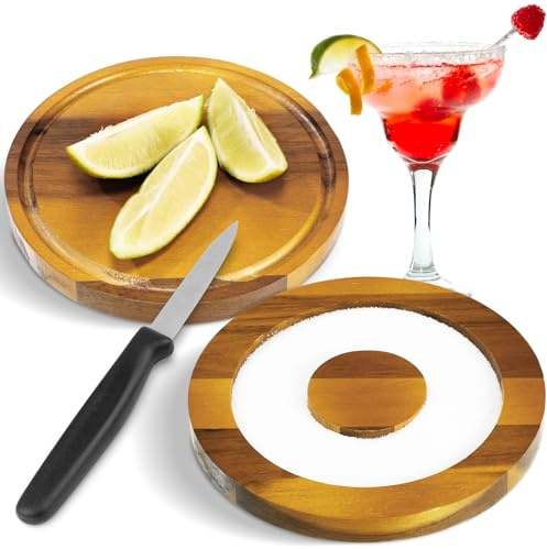Geiserailie Margarita Salt Rimmer Set Acacia Wood Salt Sugar Cocktail Bar Glass Rimmer with Lid for Wide Glasses up to 5 Inch, Bar Cart Accessories Bartender Tool Home Parties
