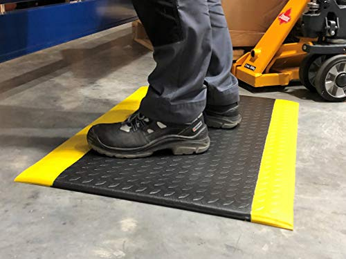 SOFT STEP Ergo | Anti-Ermüdungsmatte | PROFI Komfort Arbeitsplatzmatte | Rautenmuster | 100% Vinylschaum | 13mm hoch (90cm x 300cm, schwarz/gelb)
