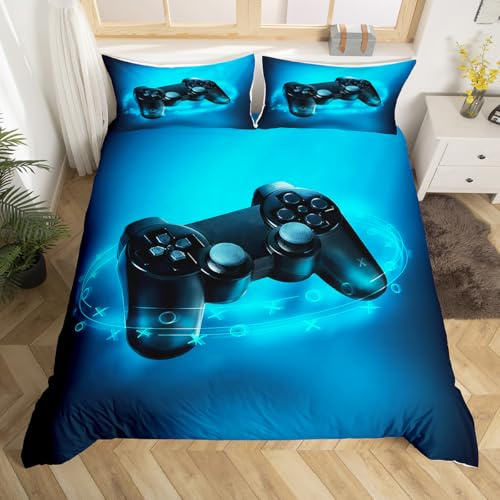Homemissing Ensemble de Linge de lit pour Enfants garçons Gamepad Print Housse de Couette Blue Game Theme Literie Jeu vidéo Boutons d'action 200x200cm pour Les Adolescents Microfibre Douce