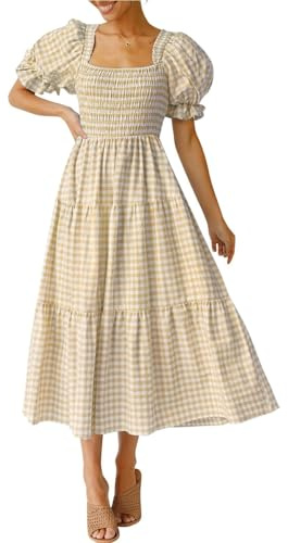 ZESICA Women's 2025 Bohemian Summer Plaid Square Neck Puff Sleeve Ruffle Flowy Beach Midi Dress,Beige,Large