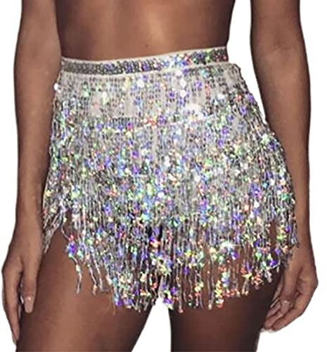 Gonna di danza del ventre con paillettes da donna Prosy Cintura con nappa Sciarpa femminile avvolgente Costume da festival di musica rave (D'argento)