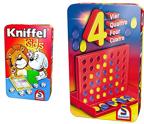 Schmidt Spiele 51245 Kniffel Kids BMM Metalldose 51214 BMM Vier, Bring Mich mit Spiel in der Metalldose, bunt