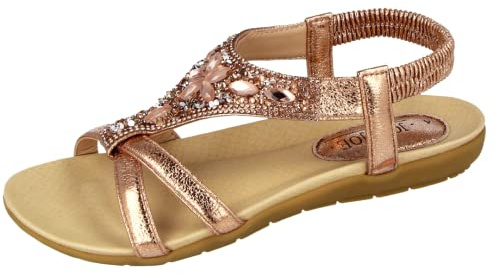 Jo & Joe Ladies Faux Leather Open Toe Sling Back T-Bar Diamante Gem Stone Flat Gladiator Summer Sandals Rose Gold 5 UK