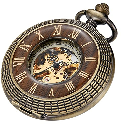 Tiong - Montre de poche mécanique en bois Steampunk élégante en cuivre avec design de face ouverte pour homme, avec boîte à chaîne, le meilleur cadeau, Classique