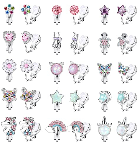 CASSIECA 15 Paar Ohrclips Kinder Mädchen Clip on Ohrringe Ohne Ohrloch Herz Stern Blumen Regenbogen Schildkröten Niedlich Rosa Hypoallergene Ohrclips für Ohne Ohrlöcher Schmuck für Kinder Mädchen