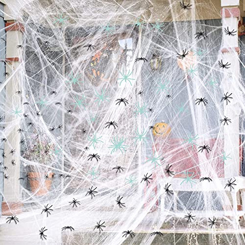 Mowane Decorazioni per ragnatele di Halloween, 1200 metri quadrati, bonus con 50+50 ragni finti, ragnatele super elastiche per Halloween, forniture per feste in interni ed esterni (1200 metri quadrati