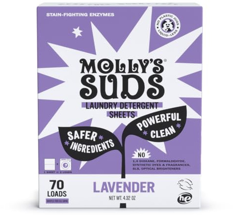 Molly's Suds tvättmedelsblad | mild mot känslig hud, kraftfulla enzymer på växtbas, fläckskydd, förpackning utan vätska och plast | 70 bryggor (lavendel)
