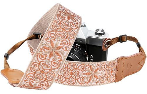 Padwa Lifestyle Camera Strap - 2 Wide Cowhide Head Cotton Camera Straps for Photographers,Vintage Universal Neck & Shoulder Camera Straps for All DSLR(Khaki Yellow flower)