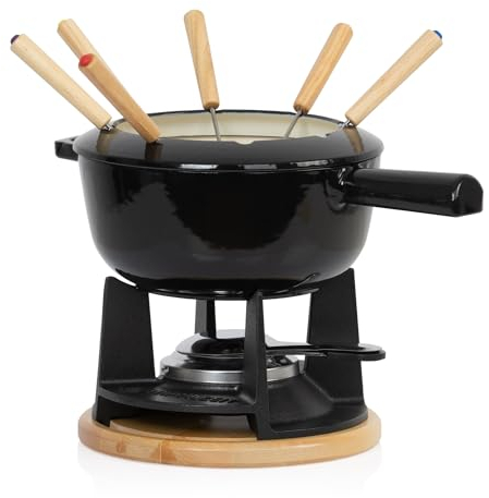 Mahlzeit Juego de Fondue de Hierro Fundido | 6 Personas | 2 litros | Set de Fondue 13 Piezas con Quemador y Tenedores | Set para Fondue de Queso, Set de Fondue de Carne, Set para Fondue de Chocolate