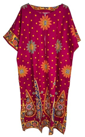Kiran Fashion Vestido largo de caftán para mujer, 100% algodón, estampado étnico, para playa, talla única, magenta, talla única