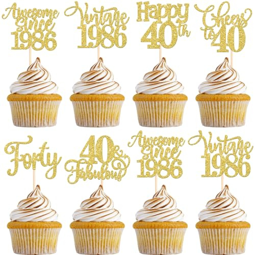 SYKYCTCY 30 Pack Happy 40th Birthday Cupcake Toppers Glitter Fourty 40 Fabulous Vintage 1986 Cupcake Picks Awesome Since 1886 for 40th Birthday Anniversary Party Cake Decorations Supplies
