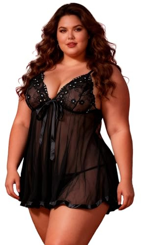 ohyeahlady Sexiga babydoll dam plus storlek babydoll elegant ärmlös pyjamas underkläder Camisone babydoll sexiga klänningar underkläder nattkläder och trosor, svart, XXL