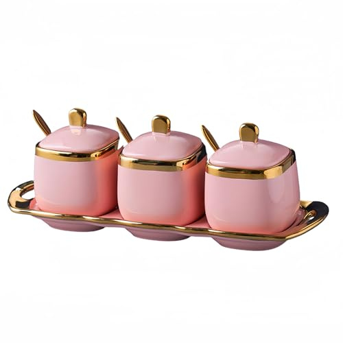 Dowbom Azucarero con tapa y cuchara, juego de 3 azucareros, contenedor de azúcar, tarro de especias, bote de condimentos (rosa, 8 onzas), DB-TG-004