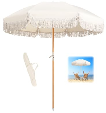 ELZEM 180 cm Boho-Fransenschirm, weiß, Strandschirm, LSF 50+, tragbarer Outdoor-Terrassenschirm mit neigbarem Tischschirm für draußen, wasserdicht, Marktschirm, winddicht, Gartenschirm mit