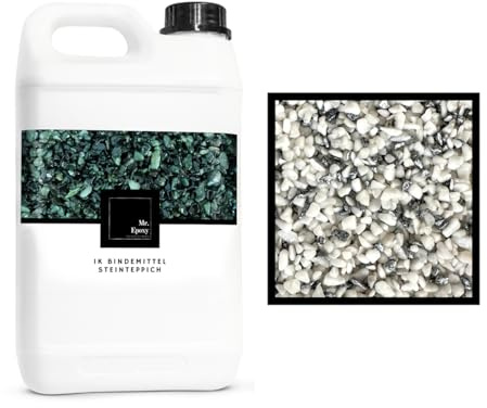 Mr. Epoxy Steinteppich für Außen & Innen Komplettset (25kg Kies + 1,3kg Bindemittel) - UV-Stabil & Geruchsneutral - Buntsteinputz mit Versiegelung als Bodenbelag (Bianco e Argento)