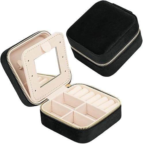 HSAJS Boîte à Bijoux Velours Compact Rangement Bijouterie Portable Miroir Intégré Compartiments Multiples Fermeture Éclair Dorée
