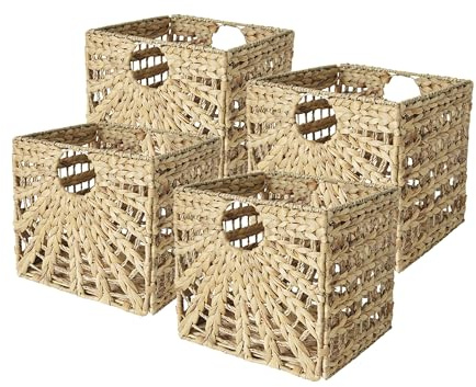 Box and beyond - Lot de 4 Paniers de Rangement - 31 x 31 x 31 cm - Jonc de Mer Naturel - Pliables - Avec Poignées - Rangement, Déco - Chambre, Salon, Bureau - Style Bohème et Chic