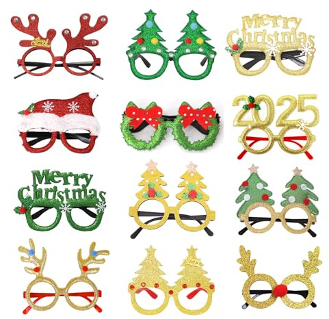 Weihnachtsbrille 12 Stück Partybrillen Set Kreative Weihnachten Brillen Party Gläser Cartoon Nette Sortierte Kinder Partybrillen Lustige Brille für Partydekoration Deko Weihnachten
