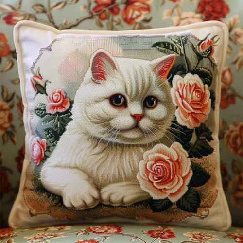 ORLUMY DIY Knüpfkissen Zum Selber Knüpfen Weiße Katze Und Rosen Knüpfhaken-Sets，Cartoon-Tiere，3D-Kissen，Materialien，Paketbezug，Knüpfhaken-Set，Kissen-Stickerei-Set，Bastel-Heimdekoration 43x43cm