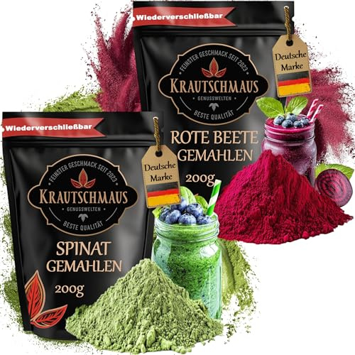 je 200g Rote Beete Pulver, Spinatpulver von Krautschmaus, für Desserts, Smoothies, Milkshakes und Joghurts, zum Kochen, getrocknet, gemahlen, intensive Farbe, natürliche Lebensmittelfarbe