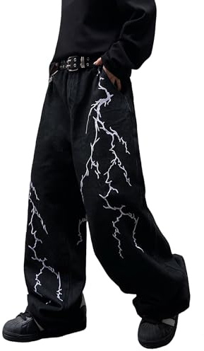 DFGIGT Men's Hip-hop Embroidered Baggy Jeans Loose Fit Denim Black Trousers Distressed Straight Leg Relaxed Fit 2009s Extreme Motion Skater Skateboard Street,B10 Black,Medium