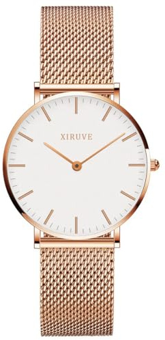 XIRUVE Ultradünne 6.5mm Minimalistische Ruhig Wasserdicht Damen Analog Quarz Armbanduhr mit Edelstahlarmband Mesh