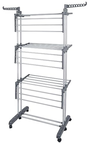 HUOLE Séchoir à Linge Tour 3 Niveaux Ailes Pliables en Acier Inoxydable avec 4 Roues Grande Capacité Ultra Stable Étendoir à Linge pour Usage Intérieur/Extérieur-126 * 64 * 170cm (Gris)