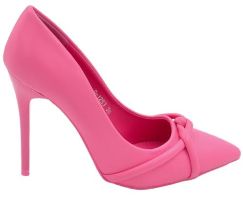Decollete Scarpa Donna a Punta in Pelle Fucsia con Nodo in Rilievo Tacco Sottile 12 cm Elegante Evento Cerimonia (40 EU)