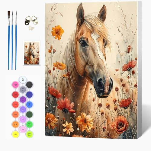 Auremi Pferd Blumen Malen nach Zahlen Set für Erwachsene Kinder mit Holzrahmen,Tiere Paint by Numbers Set Mit Ölgemälde für Anfänger, Leinwand, Pinsel und Farben Wanddekoration 20x30cm