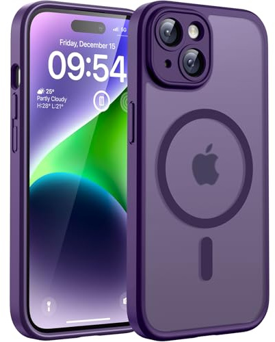 TOCOL für iPhone 14 Hülle, Kompatibel mit MagSafe, Matt Dunkellila | Eingebauter Magnetring, Vollständiger Kameraschutz, Militärschutz Stoßfest Kratzfest Haltbarkeit, Durchscheinend Rückseite