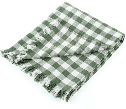 CloudDwelling 100% Cotton Throw Blanket Plaid Soft Lightweight Cozy Farmhouse Tassels Summer Thin Breathable Throws for Couch Sofa Bed (50 × 60 Green)