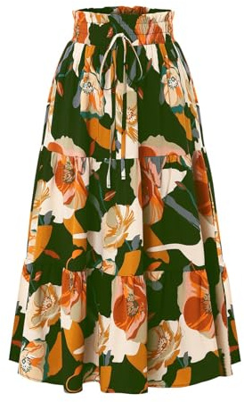 Gypsy Maxi Skirt for Women UK Ladies Tiered Bohemian Long Ankle Length Cotton Elasticated Drawstring High Waist Elegant A-Line Ruffle Skirt
