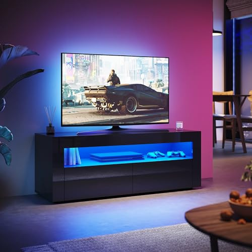 SUNXURY TV Board Schwarz mit LED-Beleuchtung Fernsehtisch 120(B) x 40(T) x 45(H) cm TV Schrank Fernsehschrank TV lowboard Schwarzer Hochglanz