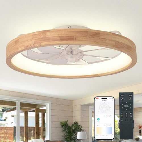 Oaks Aura 24” Low Profile Ceiling Fan with Light,3 Color Dimmable LED,6 Speeds,Reversible Motor,Wooden Flush Mount Ceiling Fans with Lights and Remote for Bedroom/Kidsroom/Dinng Room