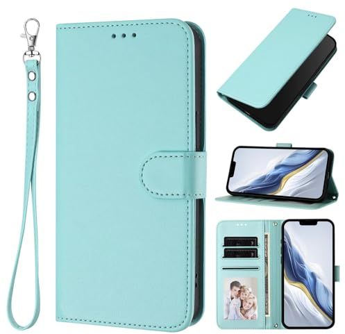 HAOFUGUI Funda Cartera para Moto G22 4G / E32S / E22S 4G, Cubierta de Cuero PU Carcasa, TPU Protección Antigolpes Funda, con Ranuras para Tarjetas Bolsillo y Correa de Muñeca-Menta