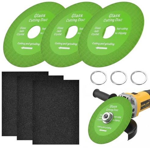 3 Pack Glass Cutting Disc and 3 Sheets Sandpaper Assortment, 125 x 22.23 mm Tile Diamond Cutting Disc Saw Blade Angle Grinder, Grinding Rotary Tool for Glass Tile Ceramic Crystal Jade and Wine Bottles