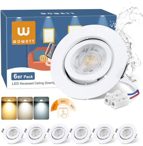 wowatt LED Einbaustrahler 3 Stufen Dimmbar 6W LED Spots 230V Schwenkbar | 3000K Warmweiß 4000K Neutralweiß 6000K Kaltweiß, 6er Deckenspots Weiß 68mm Lochmaß, IP44 Einbauleuchten Flach für Badezimmer