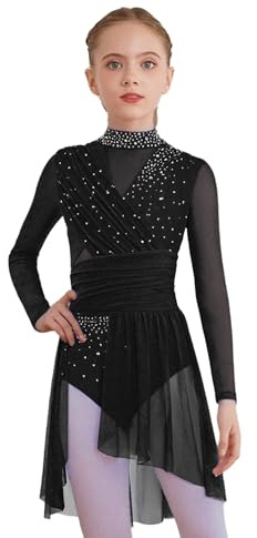 Aislor Robe Danse Contemporaine Compétitions Enfant Fille Robe De Danse Lyrique Patinage Artistique Strass Pailletté Tutu Jupe Ballet Noir 11-12 Ans