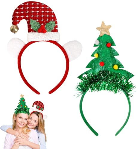 SHIFANQI 2 Stück Haarreif Weihnachten, Elf Weihnachtsmütze Kopfschmuck, Weihnachten Stirnbänder Weihnachten-Party-Hüte Kostüm Rentier Santa Stirnbänder für Erwachsene & kinder
