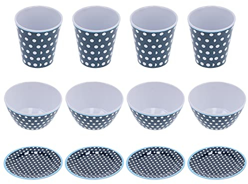 Servizio di Piatti 12 Pezzi Melamina Pois Blu Scuro - Resistente e Pratico, Anti Scivolo e Anti Scottatura, per Casa e Ristorante, servizio stoviglie melamina, stoviglie per